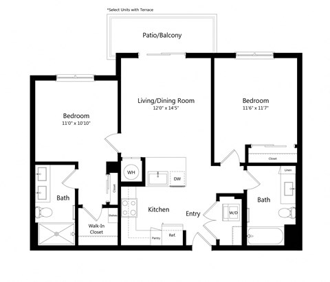 Floor plan for 2 beds, 2 baths, 909 sqft